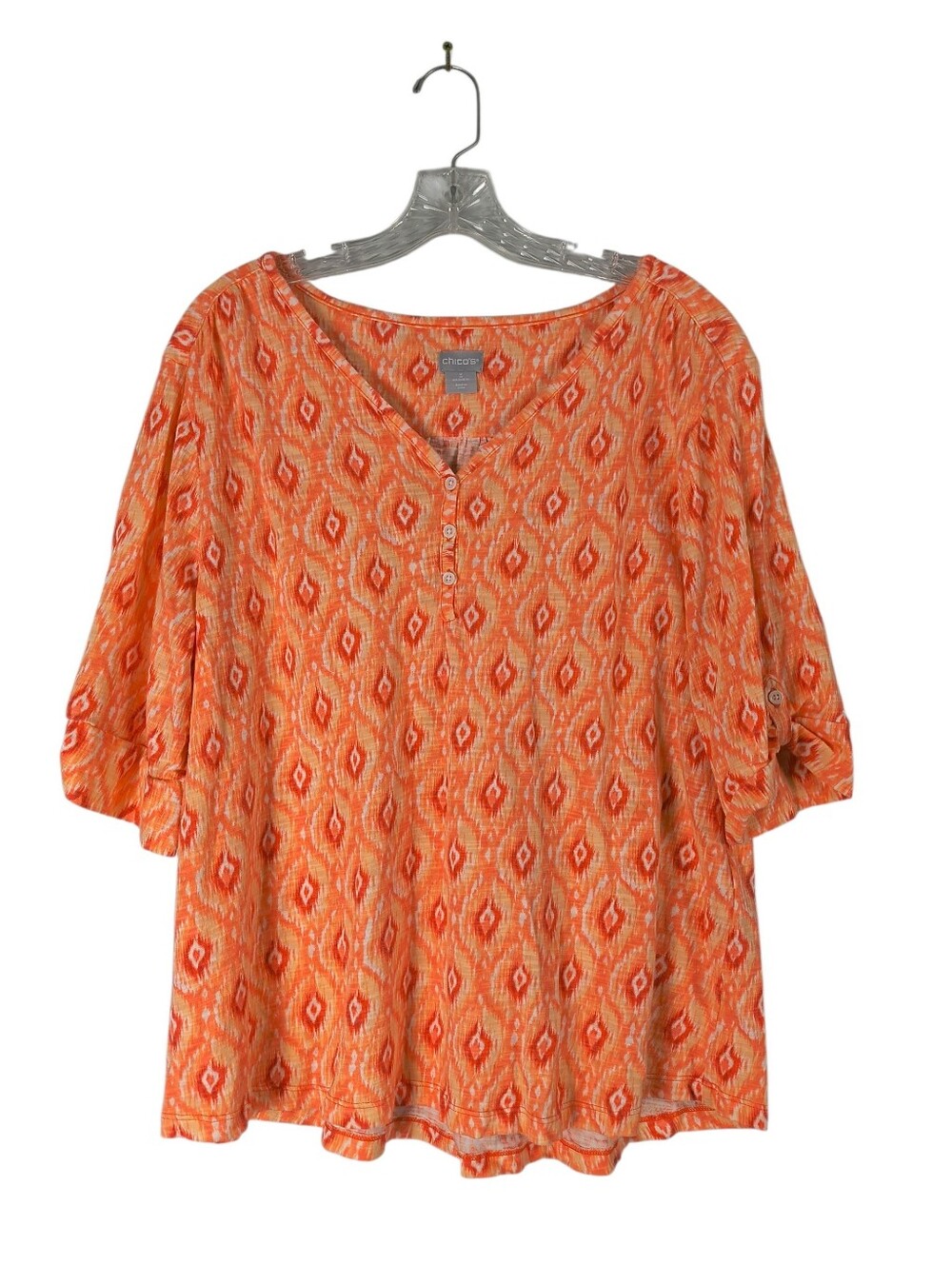 Chicos Henley Tee Women's XL 3 Orange Blossom Ikat Elbow Length Sleeves Casual